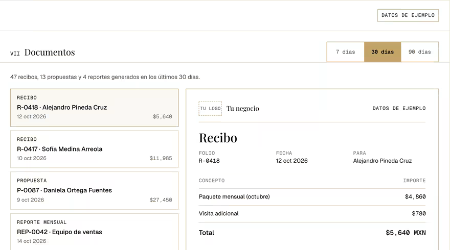 Pantalla de ejemplo: Documentos